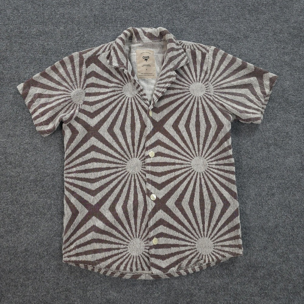 OAS Shirt Mens Small Brown Wavy Soft Terry Geometric Sunburst Beach Surf Swim